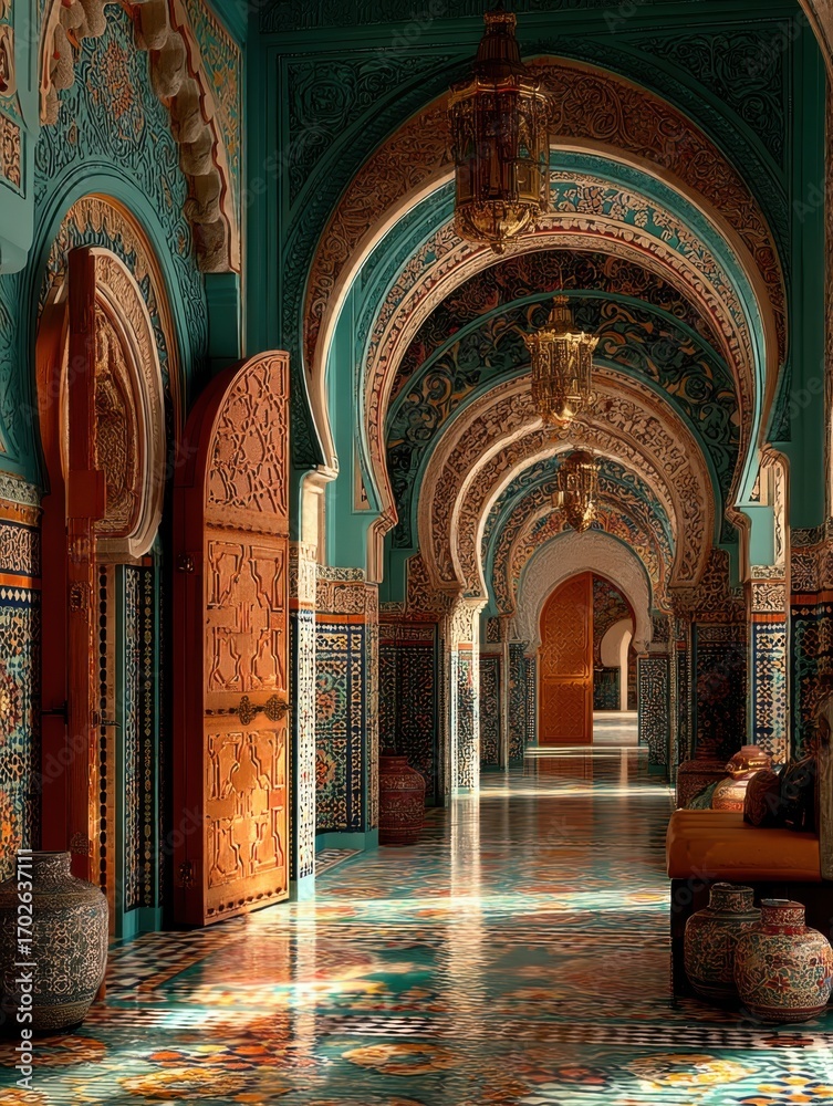 Obraz premium Stunning Moroccan Interior with Colorful Arches and Intricate Designs