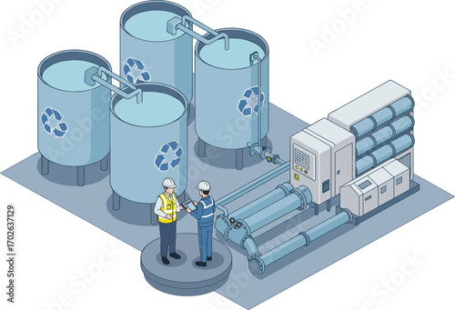 Water recycling plant with engineers, monitoring system, filtration units, industrial tanks, control panel, clean technology, isometric vector illustration