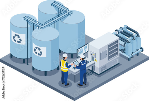 Water recycling plant with engineers, monitoring system, filtration units, industrial tanks, control panel, clean technology, isometric vector illustration