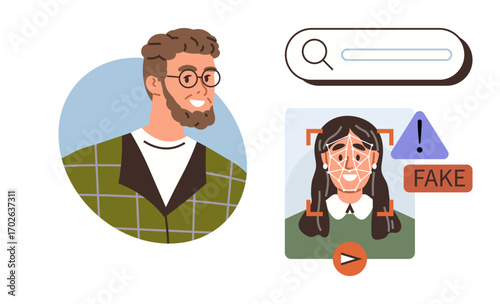 Man portrait next to AI checking fake photo with facial scanning, alert symbols, search bar, warning signs. Ideal for AI, cybersecurity, digital identity, fraud prevention, online safety technology