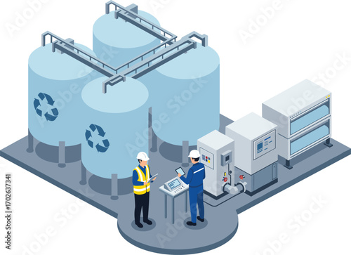 Water recycling plant with engineers, monitoring system, filtration units, industrial tanks, control panel, clean technology, isometric vector illustration