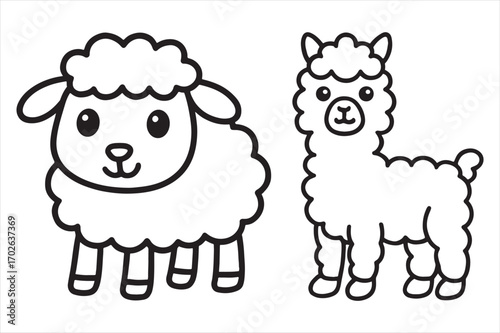 Cute cartoon sheep and llama line art drawing silhouette white background