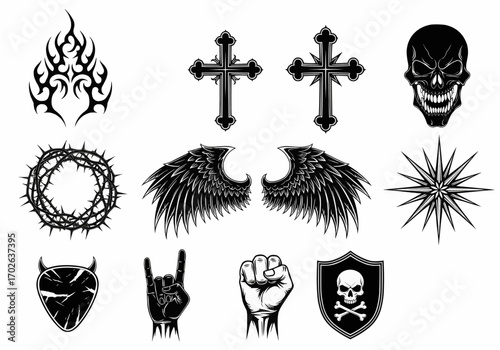 Gothic cross and flame icon set with barbed wire, tribal patterns, and edgy tattoo-inspired designs for dark themed projects.