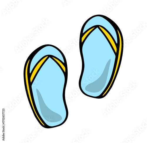 Flip-flops pair: Vivid illustration of a pastel blue flip-flop set, each meticulously outlined in black and highlighted with a touch of yellow, perfect for any beach vacation and everyday wear.