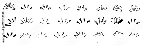 Collection of handdrawn sunbursts and starbursts isolated on transparent background