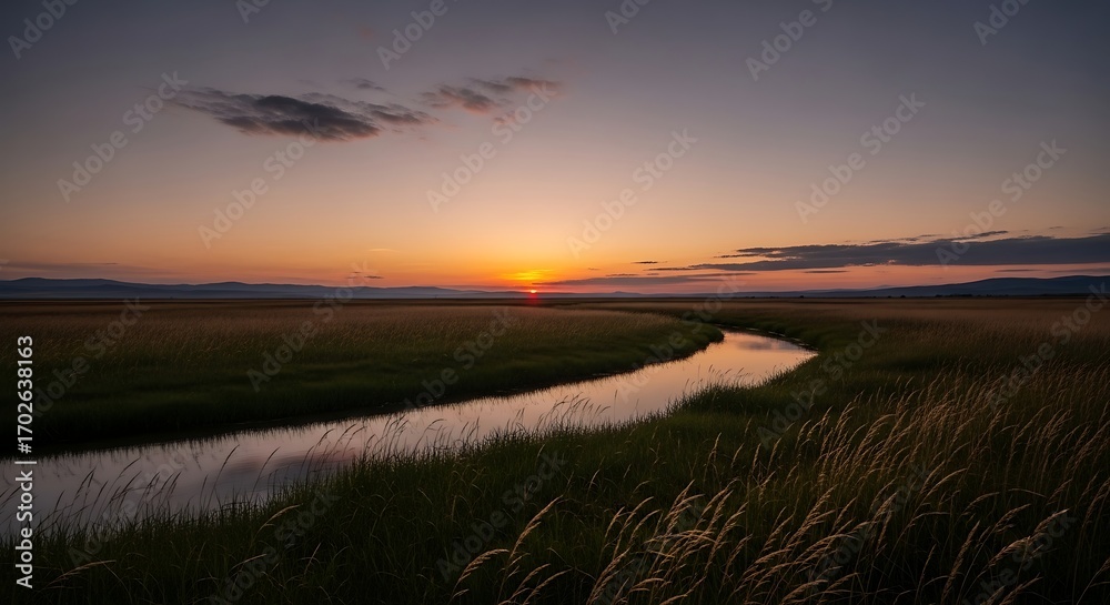 Obraz premium Serene Sunset Over Grassland Creek.