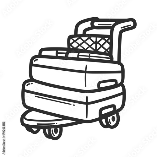 Luggage Cart: A simple drawing depicts a luggage cart stacked high with various suitcases and bags.