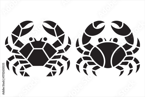 Two stylized black crabs facing opposite directions silhouette white background