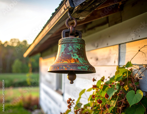 Vintage Cast Iron Farm Bell on Kentucky Farmhouse Porch - Rural Heritage