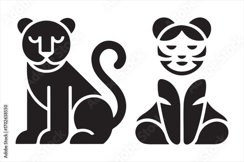 Stylized black panther and humanoid figure icon silhouette white background