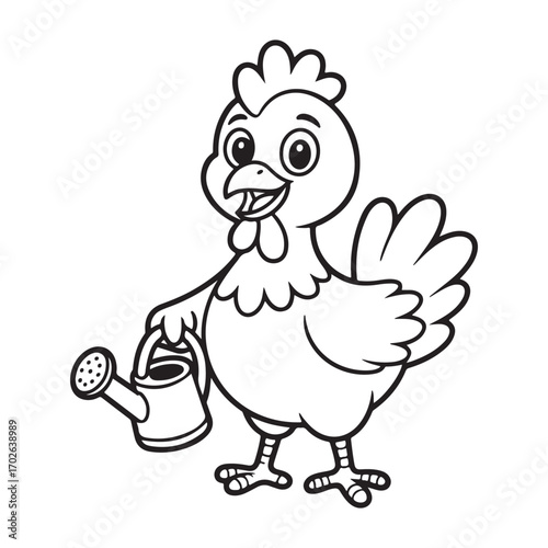 Cartoon chicken holding a watering can drawing silhouette white background