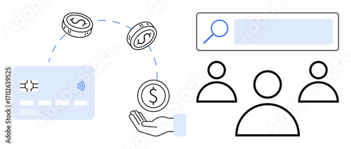 Payment card, coins, and hand illustrating money transfer. User profiles and search bar emphasize community and search processes. Ideal for finance, e-commerce, fintech, banking, transactions user