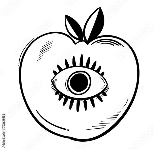 Artistic Apple with Eye Symbol: A monochrome illustration of an apple, revealing an eye symbol in the center, symbolizing perception and unique creative expression.