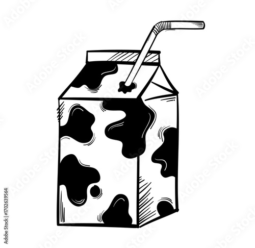 Milk Carton with Straw: An illustrative depiction of a classic milk carton, adorned with playful cow-like spots and a straw, perfect for educational material and food-related graphics.