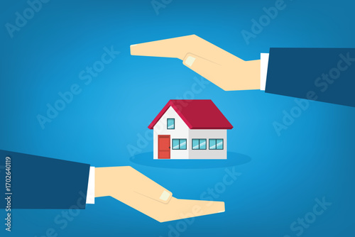 House with a protective hands. For security concepts, protection of private property. Insurance, mortgage, credit.	