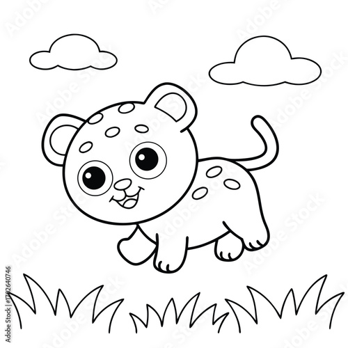 Playful spotted cub walking in grass clouds