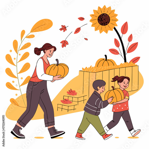 Family at Pumpkin Patch in Autumn Vector Illustration