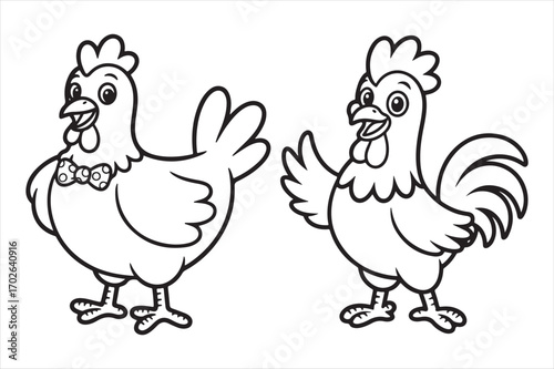 Two cartoon chickens standing together smiling and waving silhouette white background
