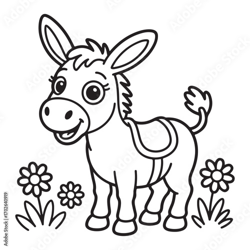 Cute donkey standing among flowers cartoon outline silhouette white background