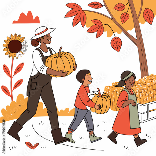 Family at Pumpkin Patch in Autumn Vector Illustration