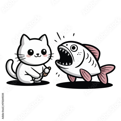 Cat fighting a large, exaggerated fish with an open sharp mouth, humorous and playful.
