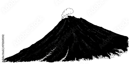 Black and white landscape of a volcanic mountain peak with clouds and snow