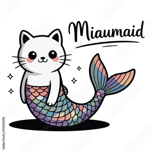 The cat transforms into a mermaid, the upper body of the cat, the lower body of a long shiny mermaid tail,