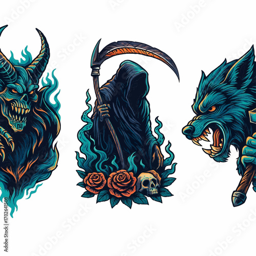 Fierce mythical beast with glowing blue flames and thorny roses, detailed fantasy creature illustration with dramatic dark background.