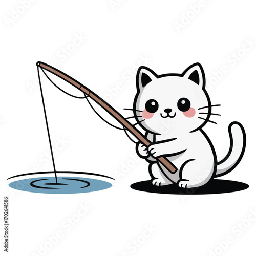 A simple, round, cute white cat fishing with a rod in a small pond, curious expression.