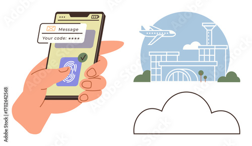 Hand holding smartphone with fingerprint scanning and secure code, airplane in flight over airport terminal. Ideal for travel security, tech, apps, online ticketing, communication, safety, simple