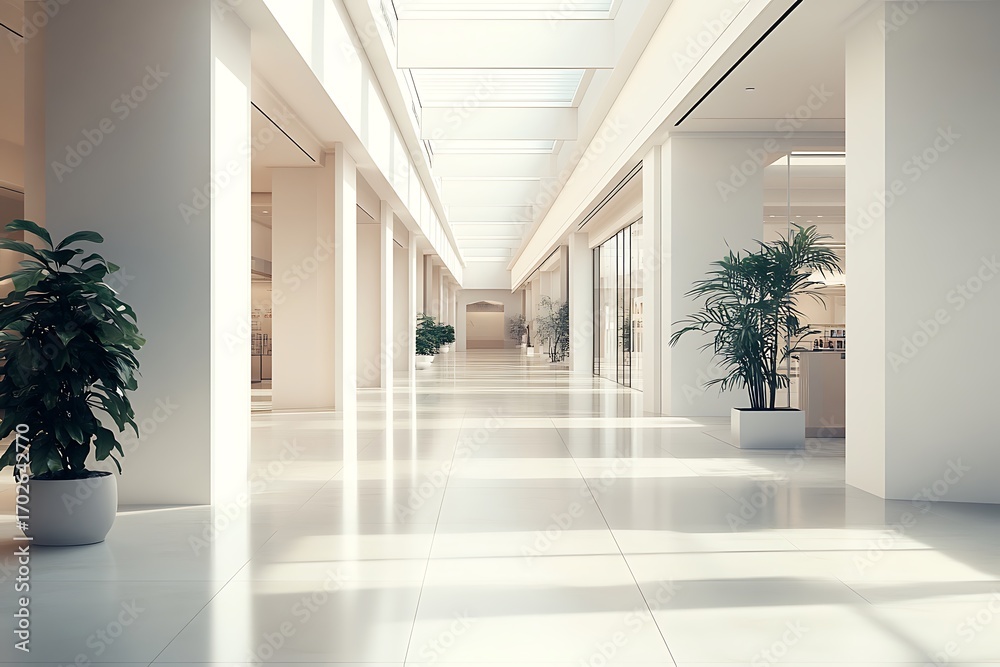 Fototapeta premium Interior of modern architecture with skylight, plant pots and white columns