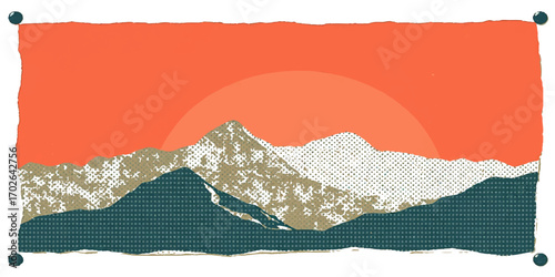 Torn paper vector with a silhouette of a mountain range at sunrise