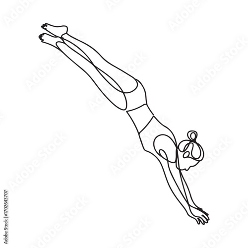 One single line Art drawing of young energetic woman train for diving and somersaulting from height vector illustration. with white background