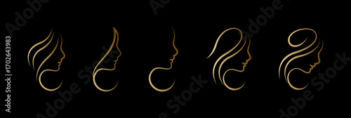 Logo Collection line art women in luxury gold. Elegant, beauty, fashion concept. 
