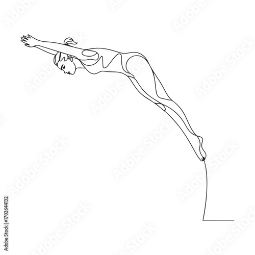 One single line Art drawing of young energetic woman train for diving and somersaulting from height vector illustration. with white background
