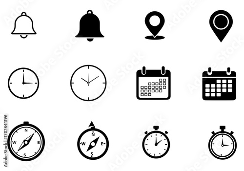 Minimalist Silhouette Icon Set – Notification Bell, Location Pin, Clock, Calendar, Compass, Stopwatch – Clean Black Vector Symbols for Mobile App, Website, UI UX Design on Transparent Background