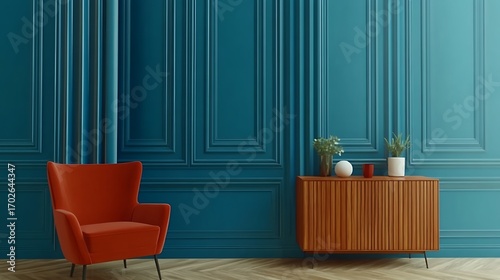 Beautiful Apartment, Sofa, Chair, Dining Table wall Mockup Interior design of modern living room