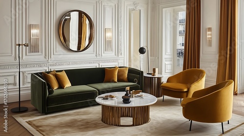 Beautiful Apartment, Sofa, Chair, Dining Table wall Mockup Interior design of modern living room
