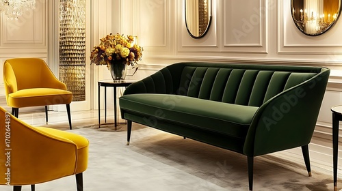 Beautiful Apartment, Sofa, Chair, Dining Table wall Mockup Interior design of modern living room