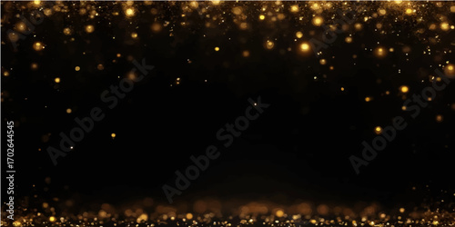 Vibrant golden particles from fireworks light up the night sky over a city, creating a celebration of bright stars and a festive holiday glow