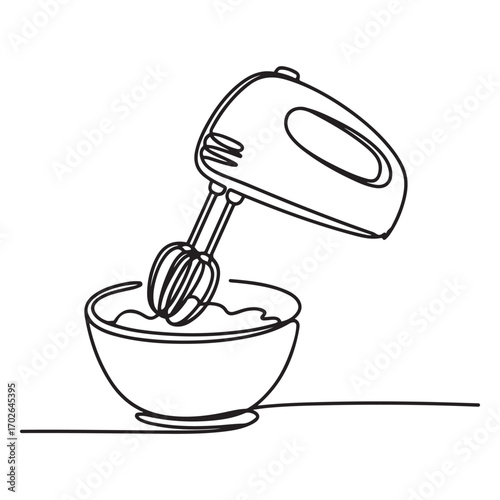 Single continuous line Art drawing of electric hand mixer for making cookie batter household utensil. with white background