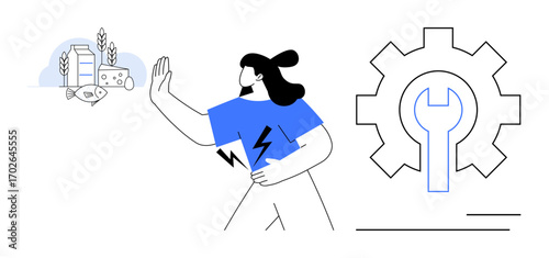 Woman with stomach pain turns away dairy products, symbolizing lactose intolerance. Gear and wrench suggest a problem-solving, health management concept. Ideal for health, nutrition, allergy