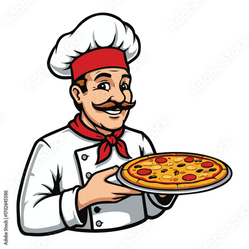 Smiling chef presents delicious hot pizza silhouette white background