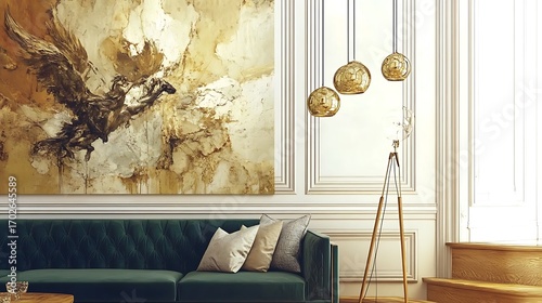 Beautiful Apartment, Sofa, Chair, Dining Table wall Mockup Interior design of modern living room