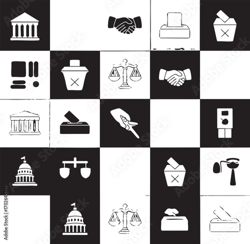 This image presents a collection of light blue, flat icons depicting various aspects of elections and voting.