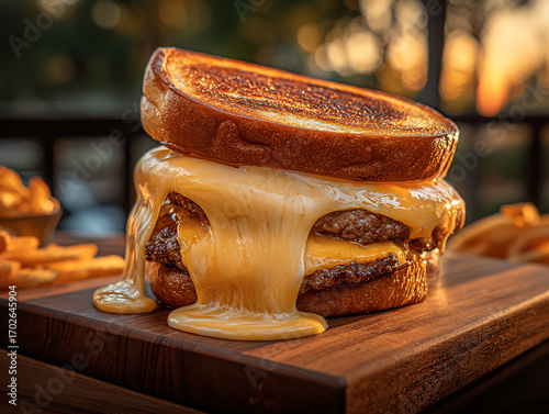 a decadent grilled cheese sandwich with melted cheese oozing out, placed on a wooden board. The background features a blurred outdoor setting with warm lighting and bokeh effect.