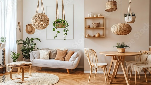 Beautiful Apartment, Sofa, Chair, Dining Table wall Mockup Interior design of modern living room