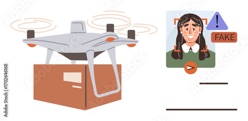 Quad quadcopter carrying box alongside deepfake detection system identifying false face with warning message. Ideal for technology, surveillance, AI, logistics, delivery, security, innovation. Simple