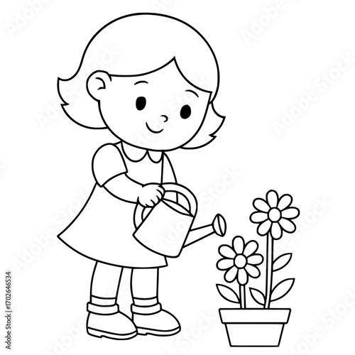 Cute Little Girl Watering Flowers Coloring Pages For Kids