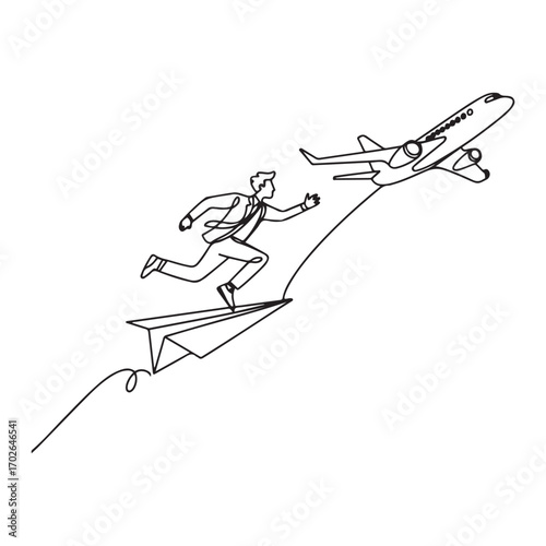 Single continuous line Art drawing young business man jumping from crash paper airplane to the flying plane. with white background